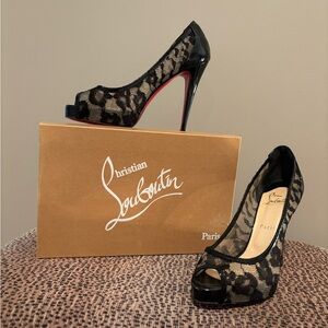 Christian Louboutin Black Lace Peep-Toe Heels